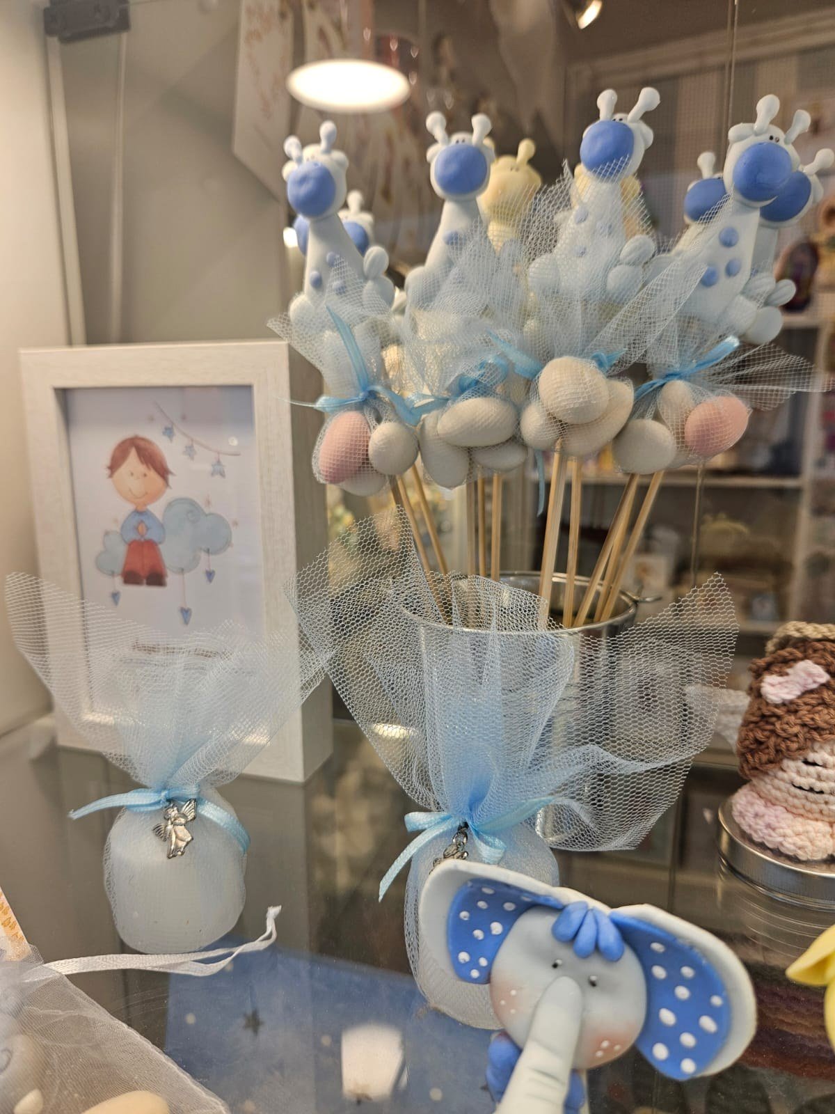 Ramillete de jirafas y elefante de cerámica fría para baby shower