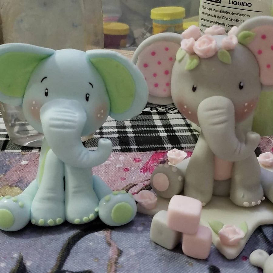 Par de elefantitos de cerámica fría personalizados para baby shower